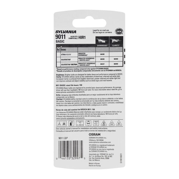 SYLVANIA 9011 Basic Halogen Headlight Bulb, 1 Pack, , hi-res