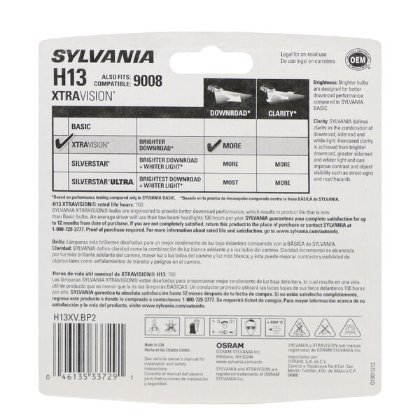 SYLVANIA H13 XtraVision Halogen Headlight Bulb, 2 Pack, , hi-res