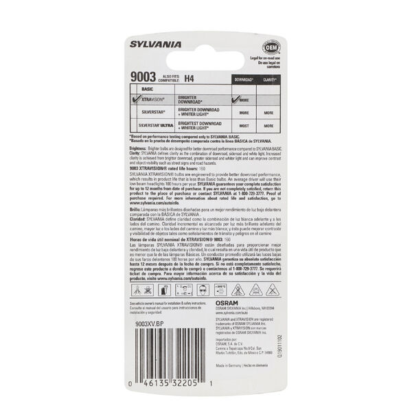 SYLVANIA 9003 XtraVision Halogen Headlight Bulb, 1 Pack, , hi-res