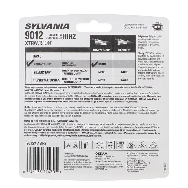 SYLVANIA 9012 XtraVision Halogen Headlight Bulb, 2 Pack, , hi-res