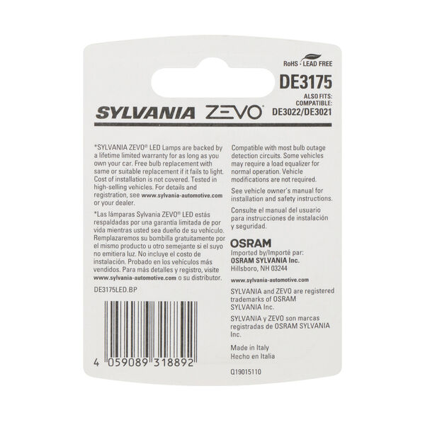 SYLVANIA DE3175 WHITE ZEVO LED Mini, 1 Pack, , hi-res