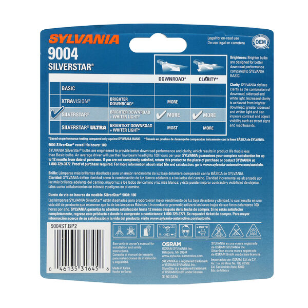 SYLVANIA 9004 SilverStar Halogen Headlight Bulb, 2 Pack, , hi-res