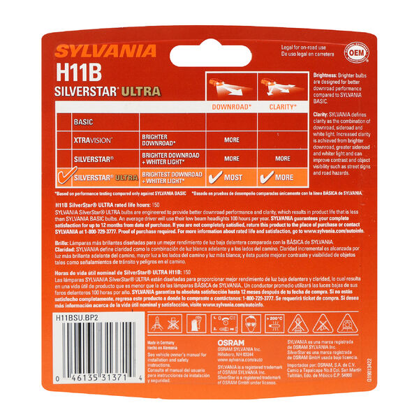 SYLVANIA H11B SilverStar ULTRA Halogen Headlight Bulb, 2 Pack, , hi-res