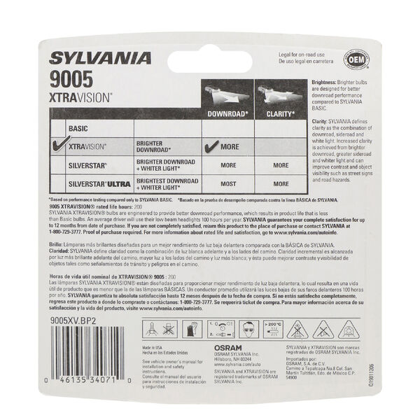 SYLVANIA 9005 XtraVision Halogen Headlight Bulb, 2 Pack, , hi-res