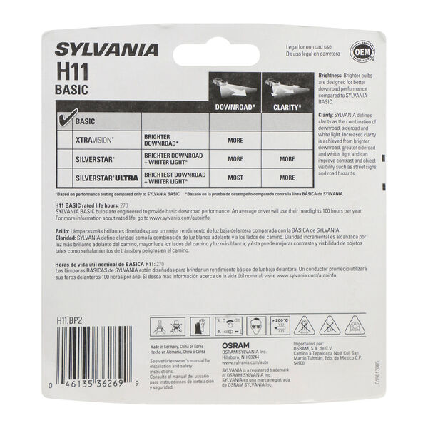 SYLVANIA H11 Basic Halogen Headlight Bulb, 2 Pack, , hi-res