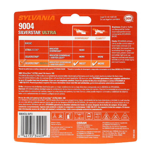 SYLVANIA 9004 SilverStar ULTRA Halogen Headlight Bulb, 2 Pack, , hi-res