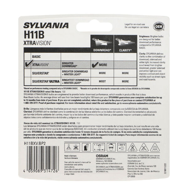 SYLVANIA H11B XtraVision Halogen Headlight Bulb, 2 Pack, , hi-res