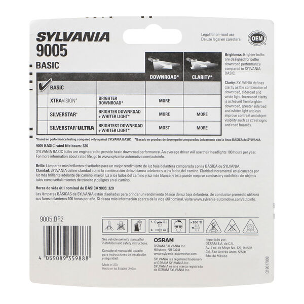 SYLVANIA 9005 Basic Halogen Headlight Bulb, 2 Pack, , hi-res