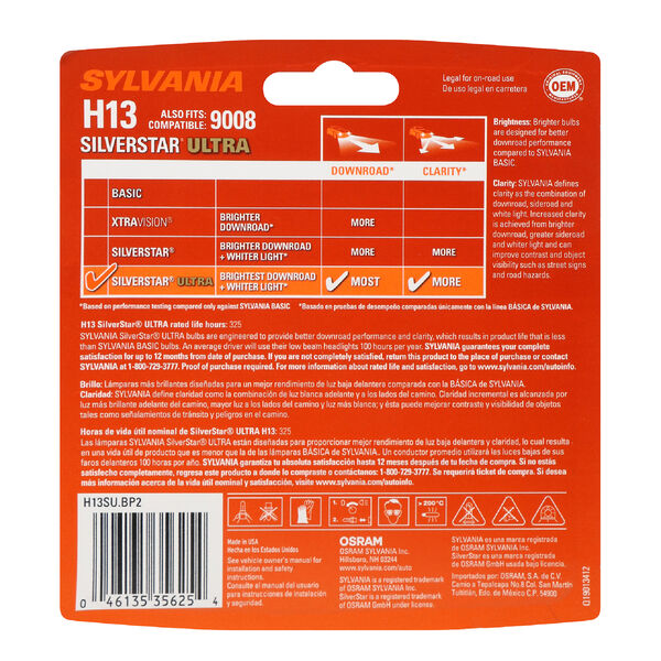 SYLVANIA H13 SilverStar ULTRA Halogen Headlight Bulb, 2 Pack, , hi-res