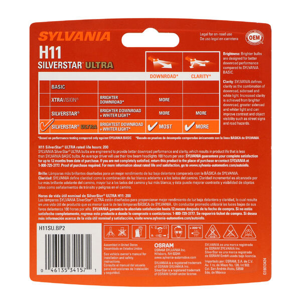 SYLVANIA H11 SilverStar ULTRA Halogen Headlight Bulb, 2 Pack, , hi-res