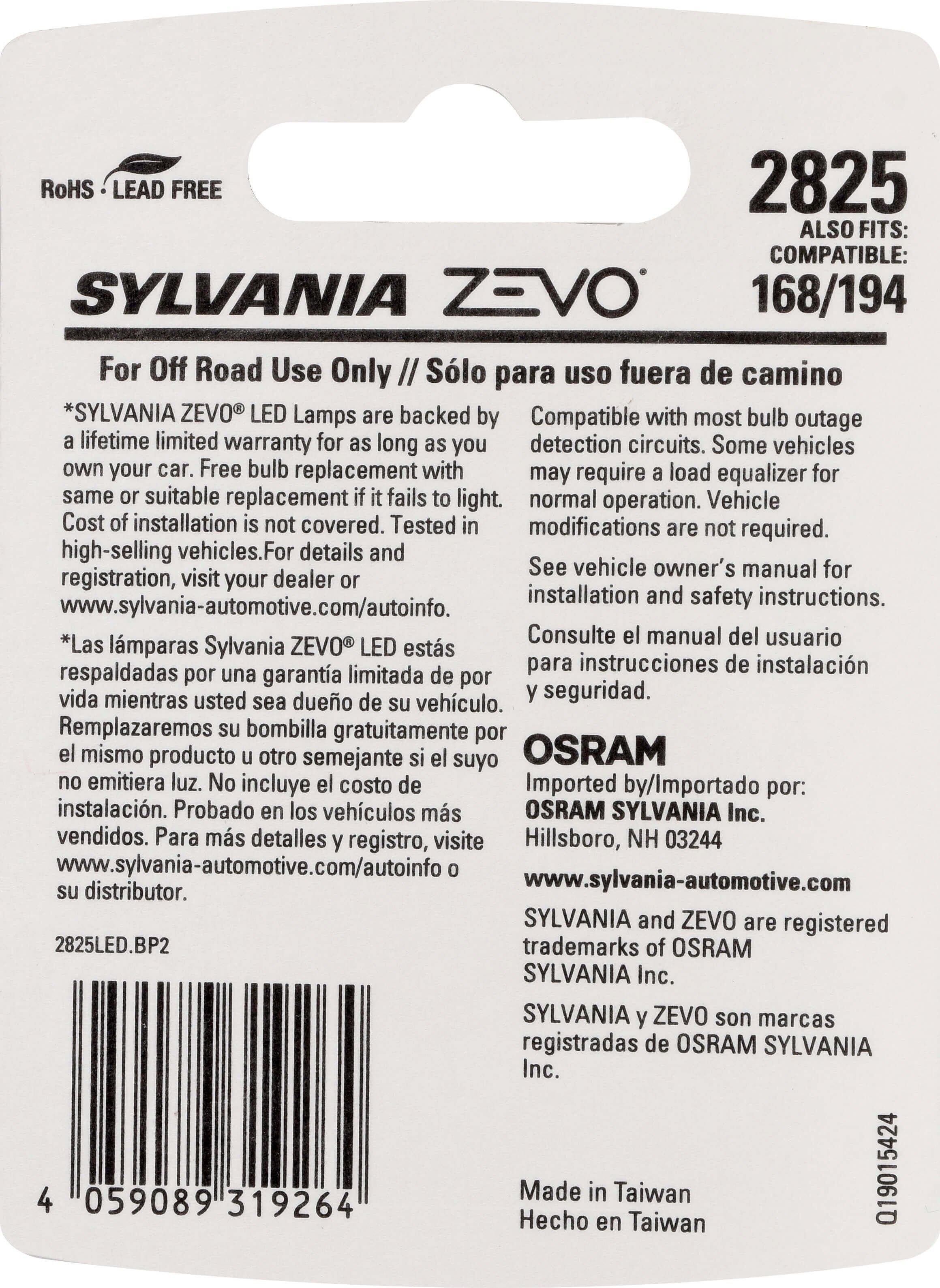 SYLVANIA 2825 WHITE ZEVO LED Mini 2 Pack