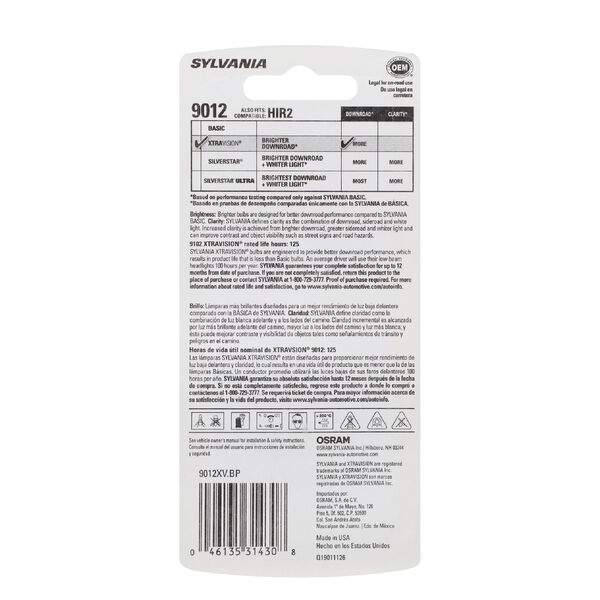 SYLVANIA 9012 XtraVision Halogen Headlight Bulb, 1 Pack, , hi-res
