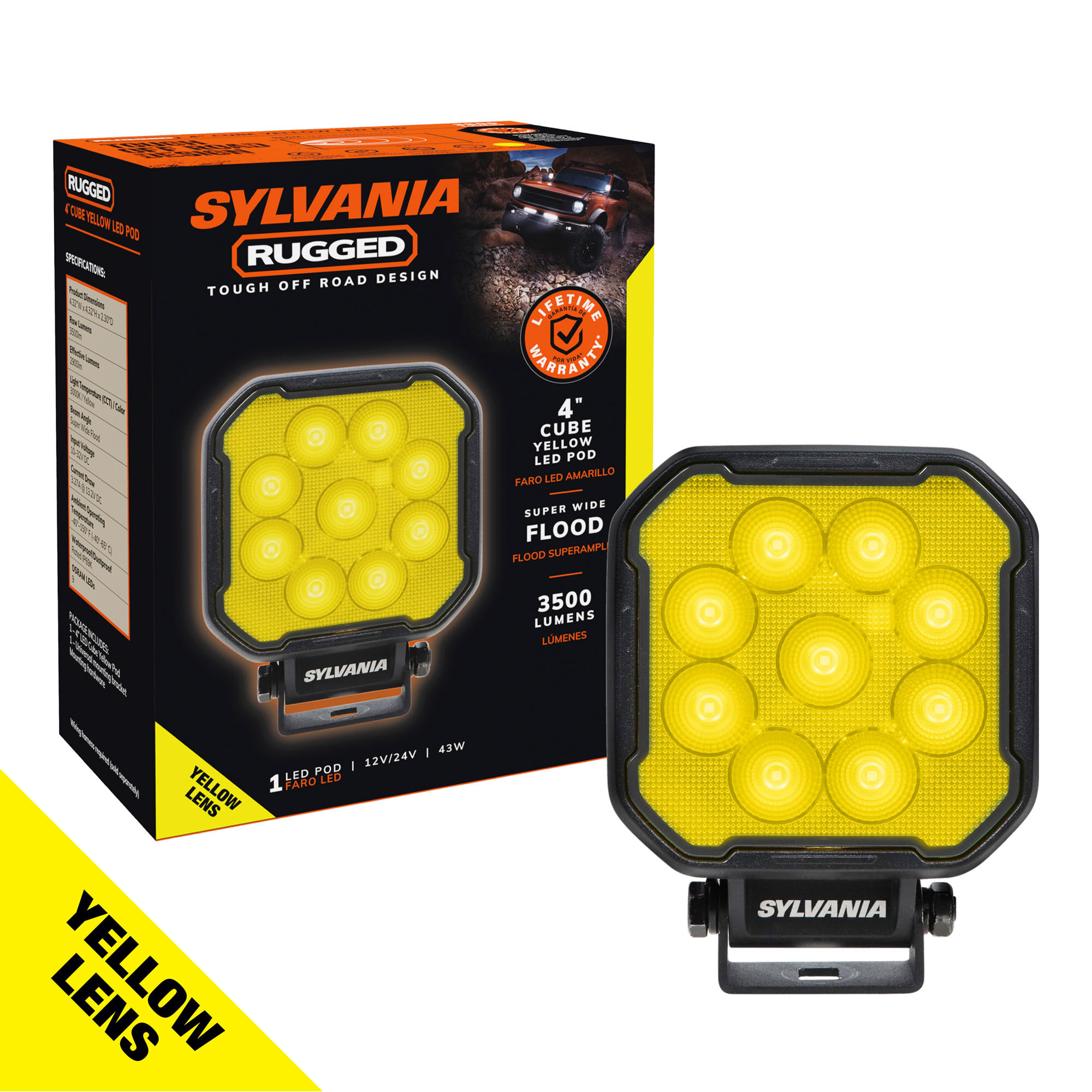 SYLVANIA Rugged 4 Inch LED Pod Cube - Yellow Flood