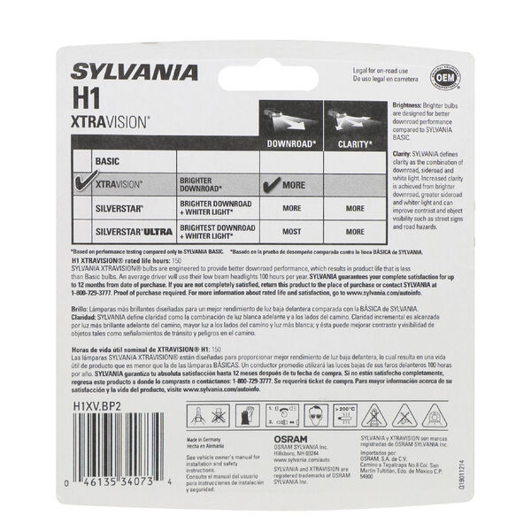 SYLVANIA H1 XtraVision Halogen Headlight Bulb, 2 Pack, , hi-res