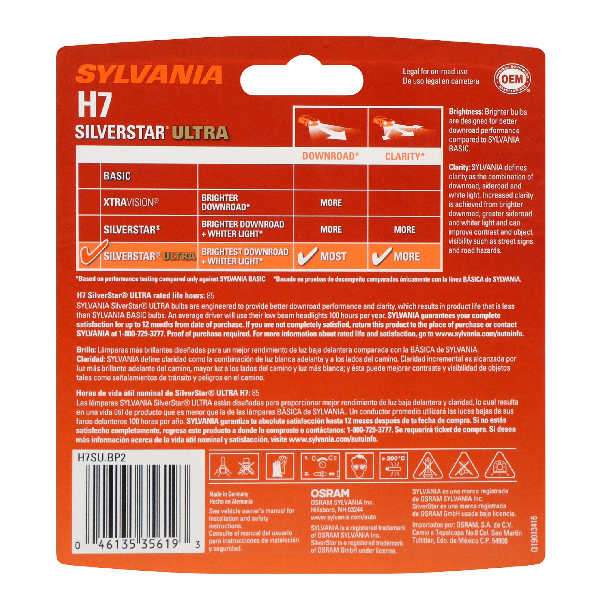 SYLVANIA H7 SilverStar ULTRA Halogen Headlight Bulb, 2 Pack